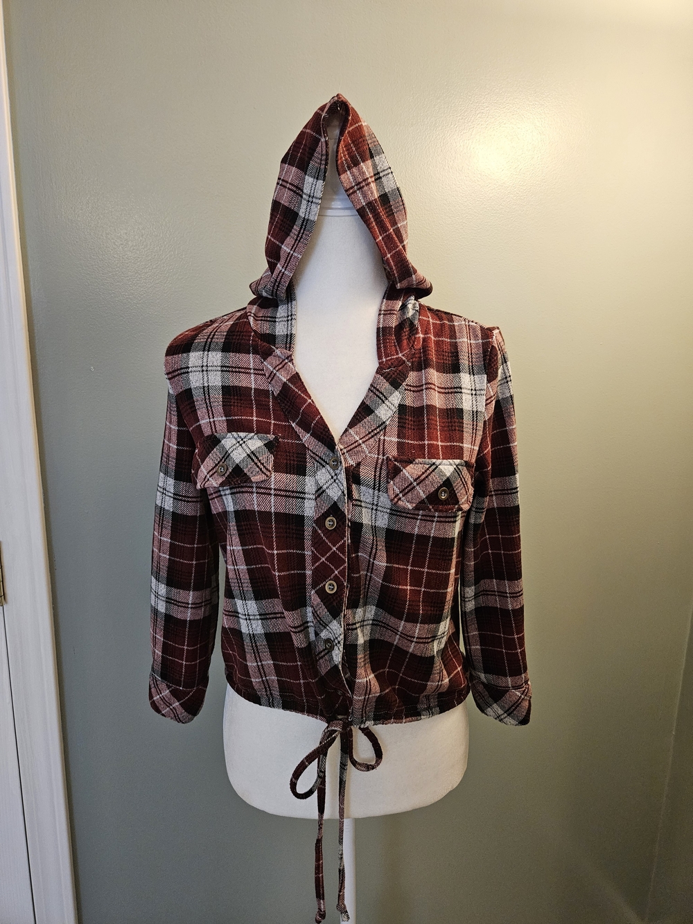 Kontrol Women’s Size Small S Burgundy Plaid Hooded Shirt Jacket